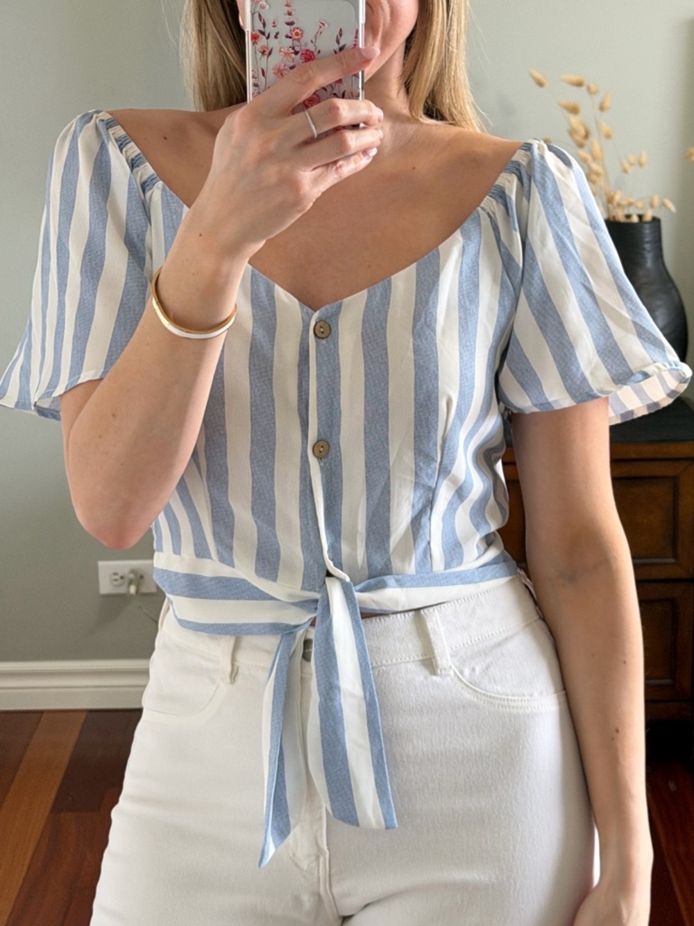 Blashe Blue and White Striped Short Sleeve Off Shoulder Nautical Blouse Size L